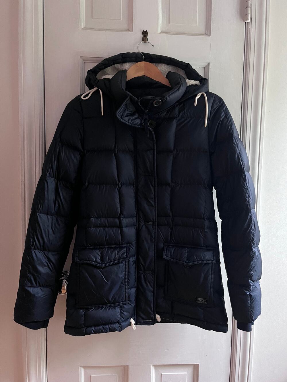 Abercrombie Sherpa Hood Down Puffer Coat Navy Blue Parka Jacket Small S 18x29